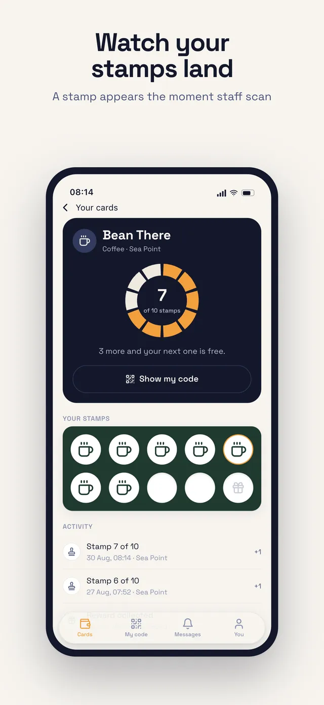 Watch your stamps land. A single card opened full screen, with the stamp ring and the shop’s reward.