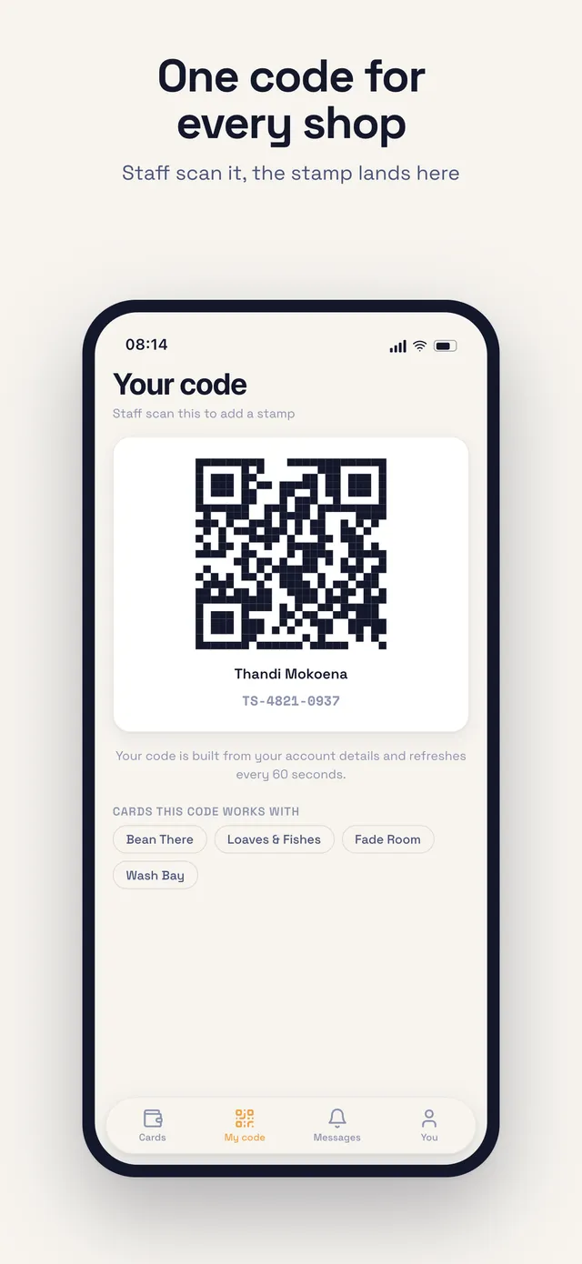 One code for every shop. The member code screen, the scannable code a customer shows at any counter.