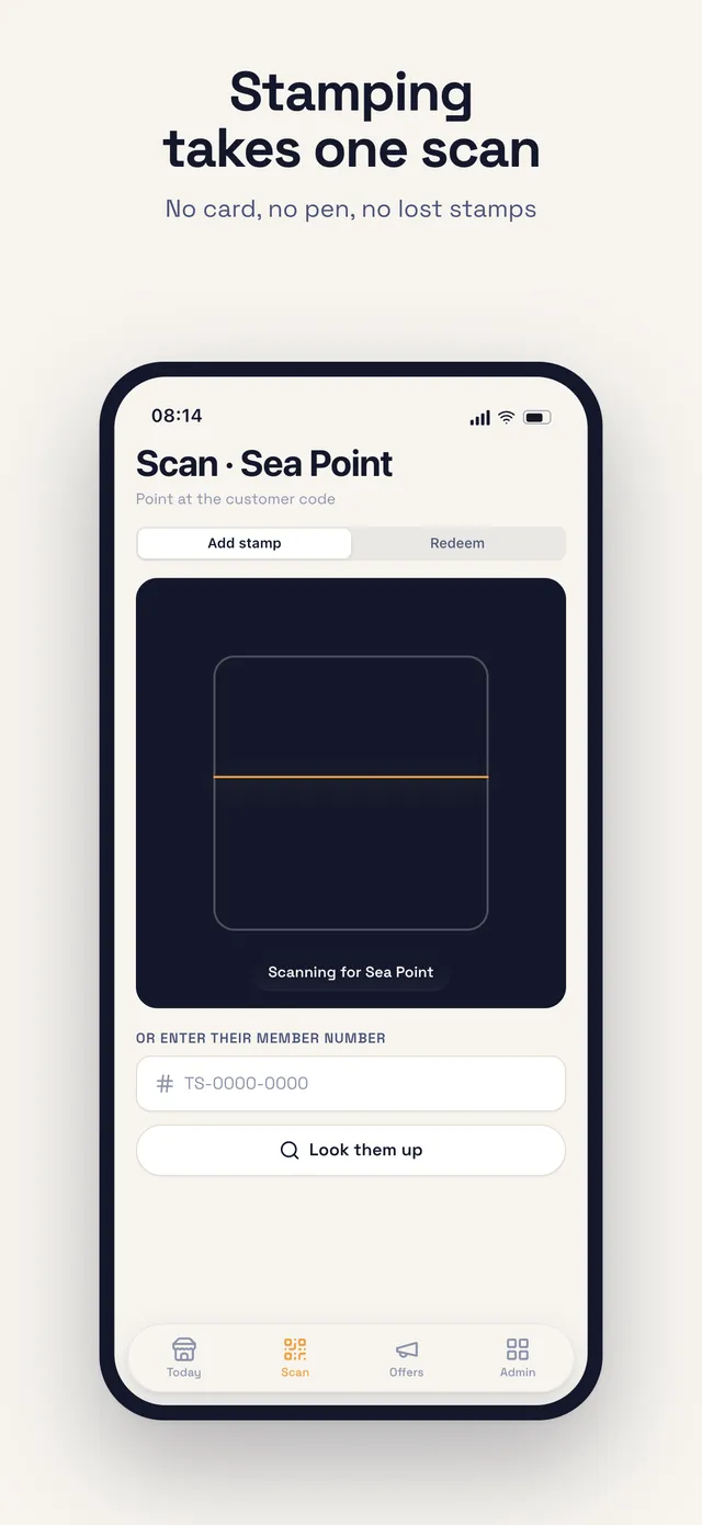 Stamping takes one scan. The counter app’s camera reading a customer’s member code.
